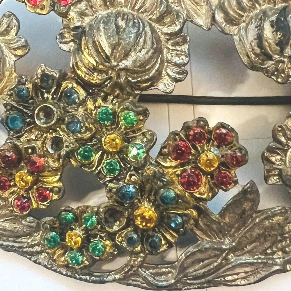 Vintage Pot Metal Rhinestone Sash Pin Brooch Thistle FloralREAD Art Deco‎
